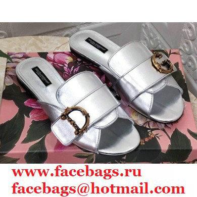 Dolce & Gabbana Leather Flat Sliders Silver With Baroque D & G Logo 2021